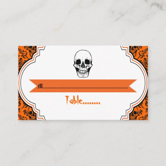 Crânes damask orange, noir mariage carte place (Devant)