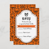 Crânes damask orange, noir mariage Halloween RSVP (Devant / Derrière)