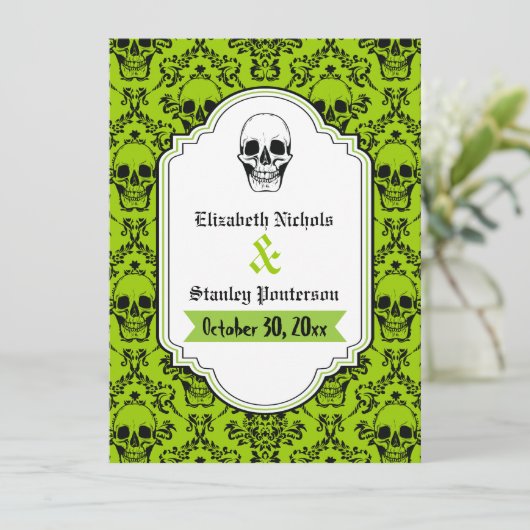 Crânes damask vert, programme de mariage noir (Debout devant)