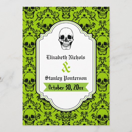 Crânes damask vert, programme de mariage noir (Devant)