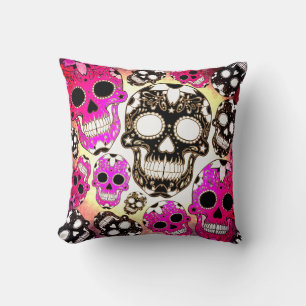 Crânes de sucre noir rose grunge coussin carré