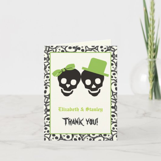 Crânes élégants Halloween mariage vert Merci (Devant)