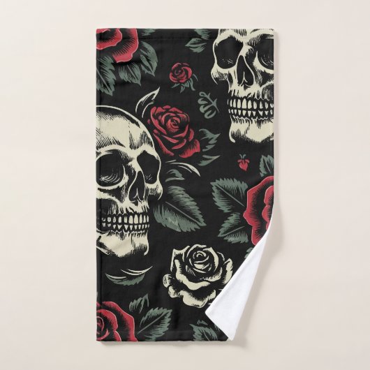 Crânes et roses rouges florale gothique (Serviette à main)