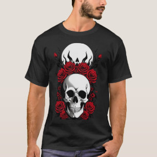 Crânes gothiques et fleurs rouges T-shirt noir bas