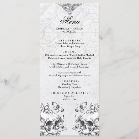 Crânes gothiques Mariage noir et blanc Moody Menu (Devant)