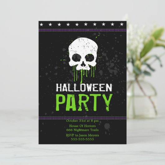 Crânes grungy Halloween Invitations de fête (Vert) (Debout devant)