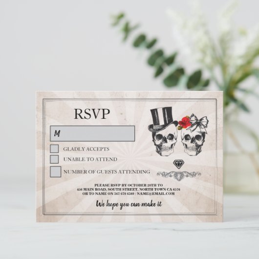 Crânes Mariage RSVP Crâne Roses Cartes rustiques (Debout devant)