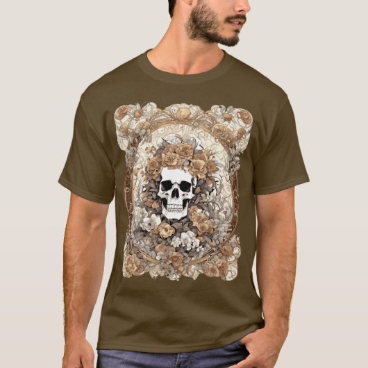 Cranium en Herfst Rozen Art Nouveau Design T-shirt (Voorkant)
