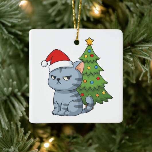 Cranky Grey Tabby Cat Red Hat Christmas Tree Keramisch Ornament (Boom)