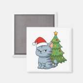 Cranky Grey Tabby Cat Red Hat Christmas Tree Magneet (Voorkant / Achterkant)