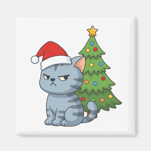 Cranky Grey Tabby Cat Red Hat Christmas Tree Magneet (Voorkant)