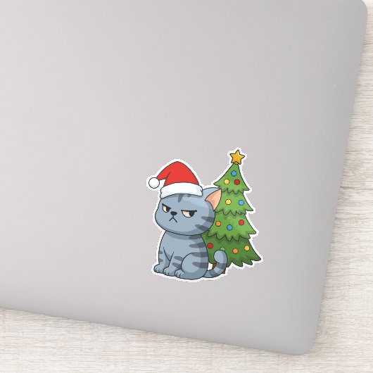 Cranky Grey Tabby Cat Red Hat Christmas Tree Sticker (Detail)
