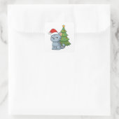 Cranky Grey Tabby Cat Red Hat Christmas Tree Vierkante Sticker (Tas)