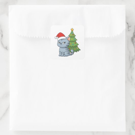 Cranky Grey Tabby Cat Red Hat Christmas Tree Vierkante Sticker (Tas)