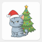 Cranky Grey Tabby Cat Red Hat Christmas Tree Vierkante Sticker (Voorkant)