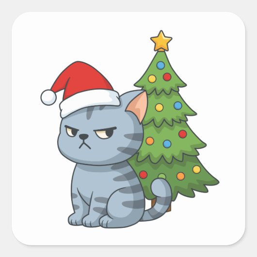 Cranky Grey Tabby Cat Red Hat Christmas Tree Vierkante Sticker (Voorkant)