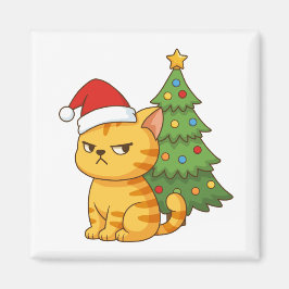Cranky Orange Tabby Cat Red Hat Christmas Tree Magneet