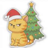Cranky Orange Tabby Cat Red Hat Christmas Tree Sticker (Voorkant)