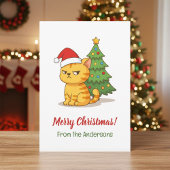 Cranky Tabby Cat Red Hat Christmas Tree Feestdagenkaart