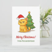 Cranky Tabby Cat Red Hat Christmas Tree Feestdagenkaart (Staand voorkant)