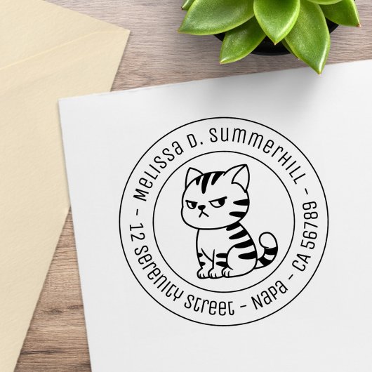 Cranky Tabby Cat Round Address Rubberstempel