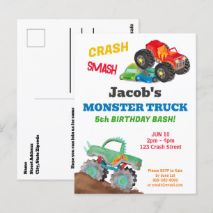 Crash Smash Monster Truck Verjaardag Bash Waterver Briefkaart