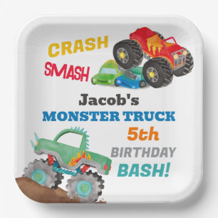 Crash Smash Monster Truck Verjaardag Bash Waterver Papieren Bordje