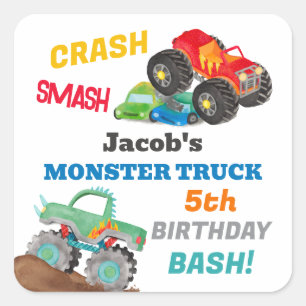 Crash Smash Monster Truck Verjaardag Bash Waterver Vierkante Sticker