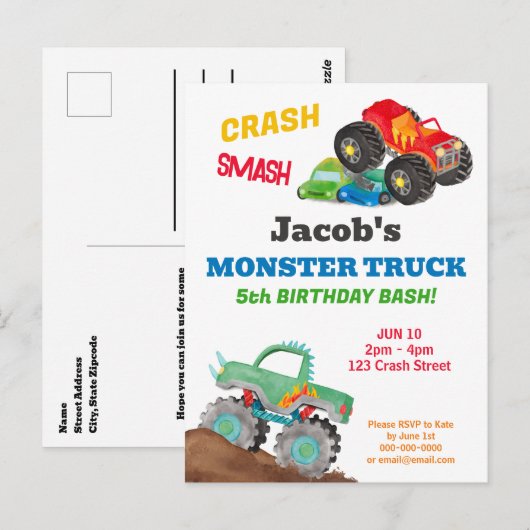 Crash Smash Monster Truck Verjaardagsfeest Waterve Briefkaart (Voorkant / Achterkant)