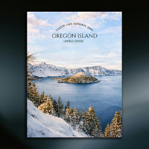 Crater Lake Oregon Eiland Aquarel Landschappen Feestdagenkaart