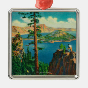 Crater Lake waar de Wizard Island op afstand wordt Metalen Ornament