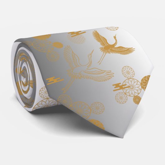 CRAVATE おめでたい日に!縁起の良い金色の日本の鶴模様《白×シルバー》 (Roulé)