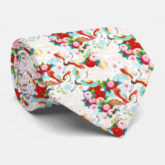 CRAVATE 和柄の着物、鶴、白と青と赤、シームレス柄 (Roulé)