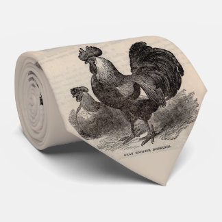 Cravate 19th century print gray English dorkings chickens 