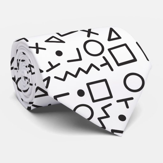 Cravate 90's Noir & Blanc Retro Shapes Motif (Roulé)
