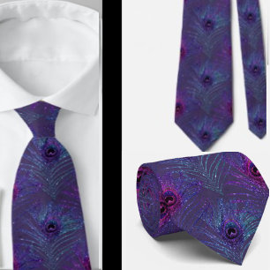 Cravate à plumes de paon violet bleu