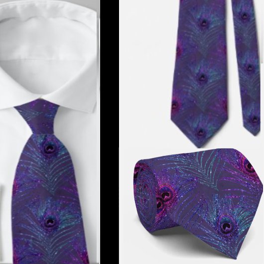 Cravate à plumes de paon violet bleu
