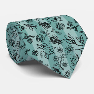 Cravate Abeilles de miel & Fleurs Motif Floral Sage Vert