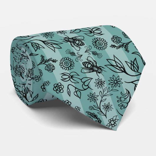 Cravate Abeilles de miel & Fleurs Motif Floral Sage Vert (Roulé)