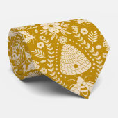 Cravate Abeilles et fleurs sur moutarde jaune (Roulé)