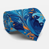 Cravate Abstrait en floral bleu et orange (Roulé)