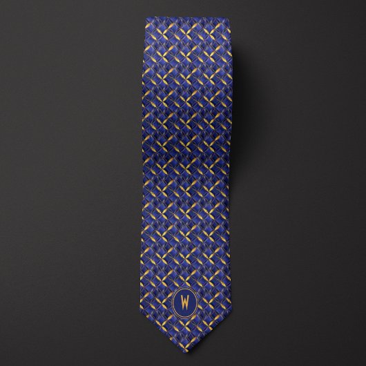 Cravate Abstrait Faux Quilted Bleu et Or