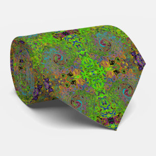 Cravate Abstrait Rétro Groovy Tourbillon Vert Citron et Bl