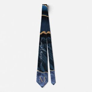 Cravate Agate Marine Blue Gold Gemstone Marble Nom du mono