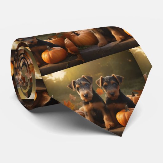 Cravate Airedale Chiot Automne Citrouille délice (Roulé)