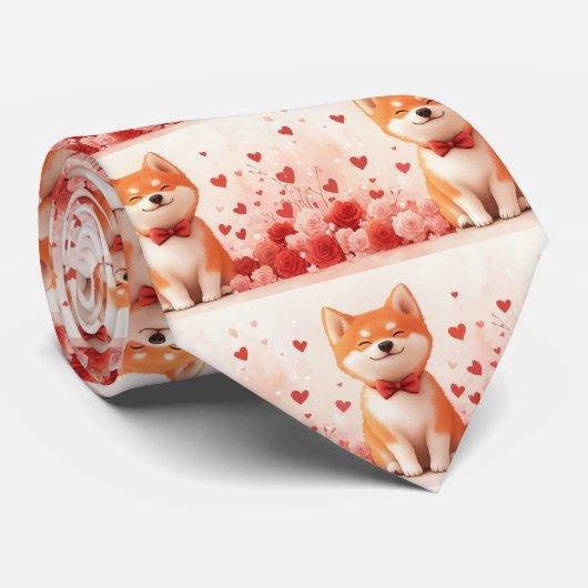 Cravate Akita avec des Roses - Saint-Valentin (Roulé)