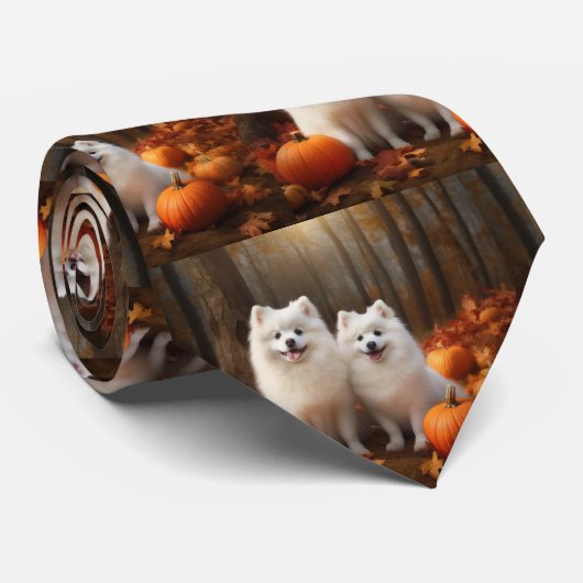 Cravate American Eskimo Chiot Automne Citrouille délice (Roulé)