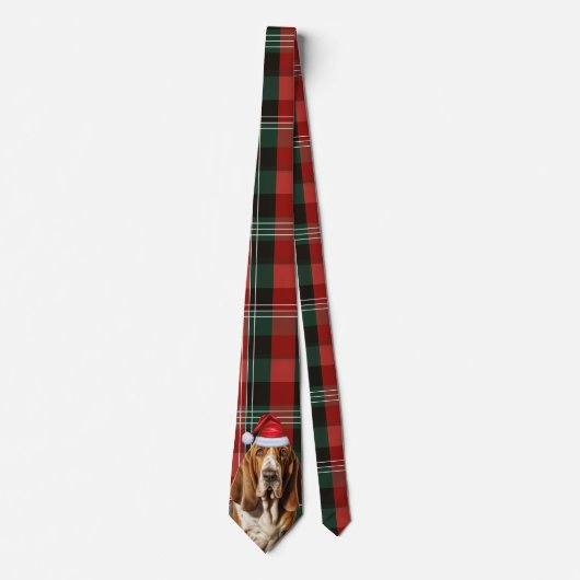 Cravate Amoureux des chiens Basset Hound Rouge Vert Plaid (Devant)
