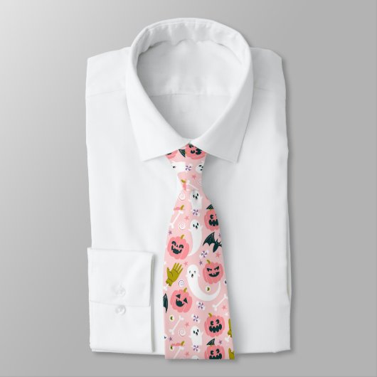 Cravate Amusant rose Citrouille mignon blanc félin chauve  (Attaché)