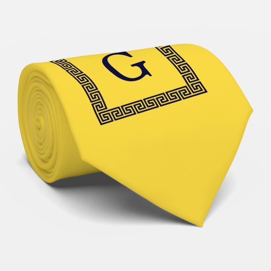 Cravate Ananas, Clé grecque bleue marine #1 Monogramme enc (Roulé)